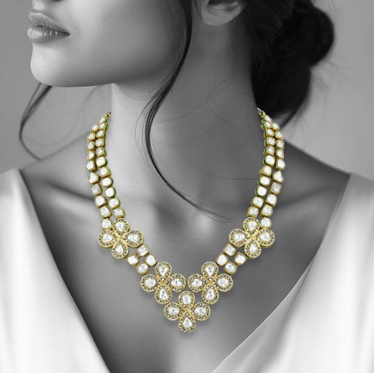 Floral Cluster Polki Necklace with Rose-Cut Diamond Accents